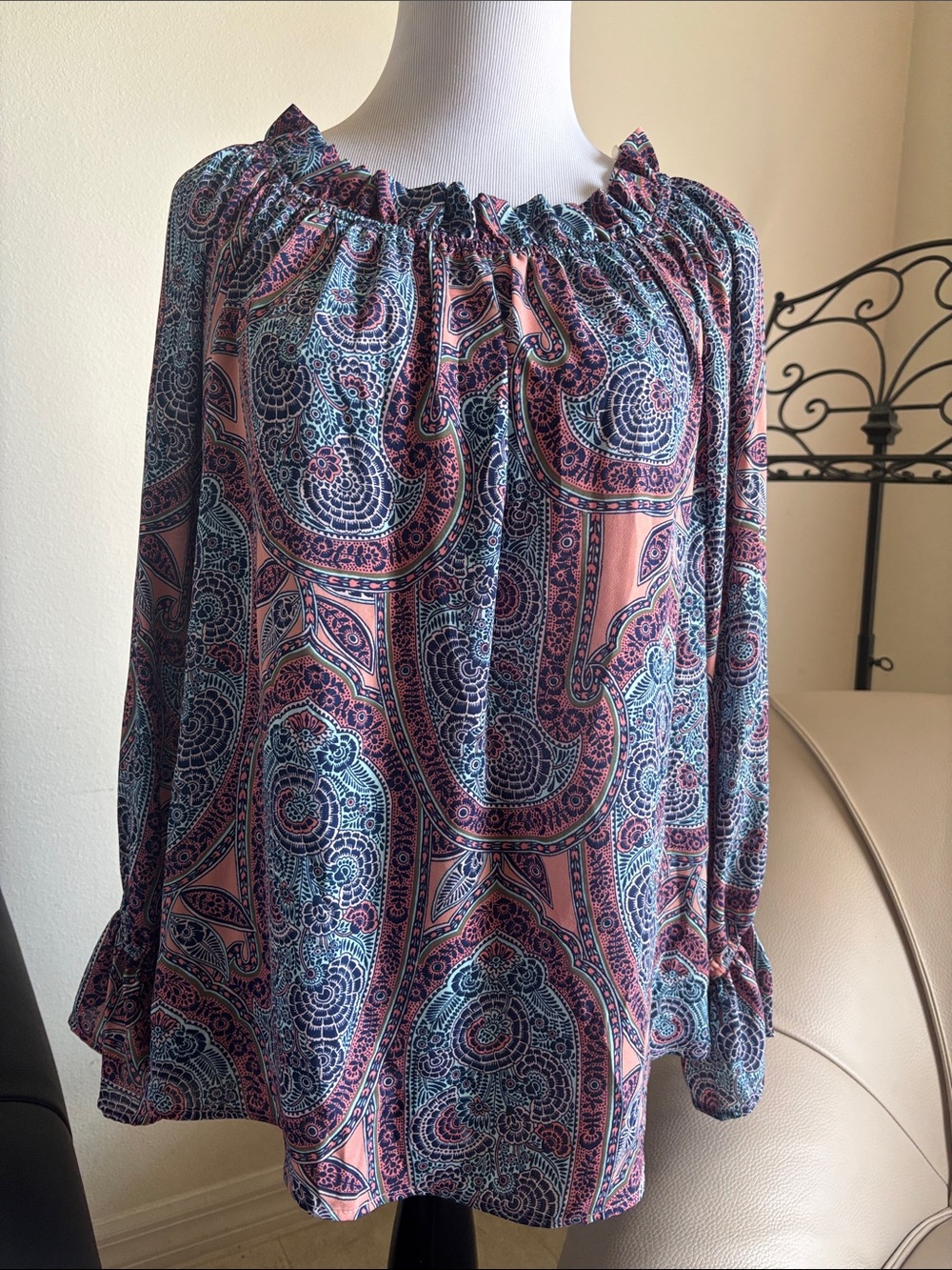 belle sky Pink and Teal Paisley Off-Shoulder Blouse